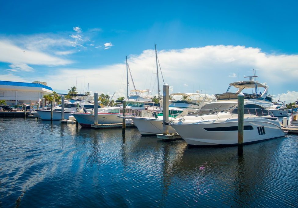 FORT LAUDERDALE, USA - JULY 11, 2017: A line of boats displayed for sale at the Fort Lauderdale International Boat Show.